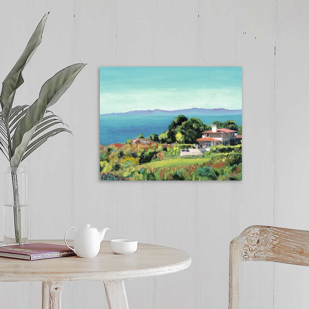 A farmhouse room featuring Santa Monica Bay from Palos Verdes, California, painting by RD Riccoboni. Coastal landscape paint...