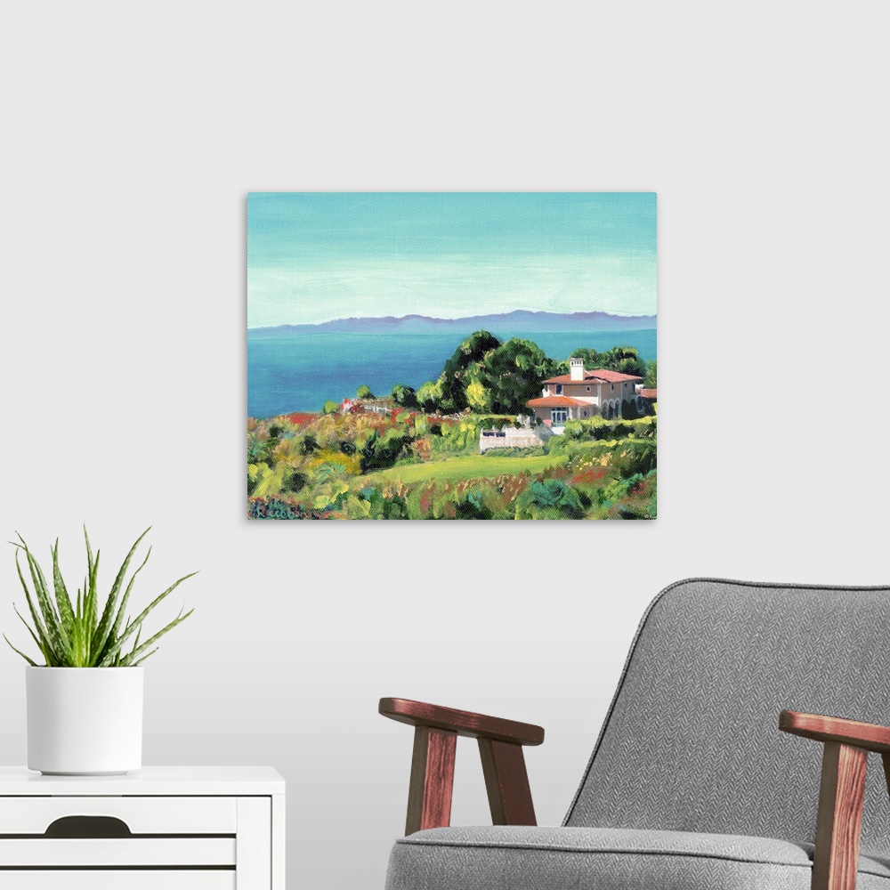 A modern room featuring Santa Monica Bay from Palos Verdes, California, painting by RD Riccoboni. Coastal landscape paint...