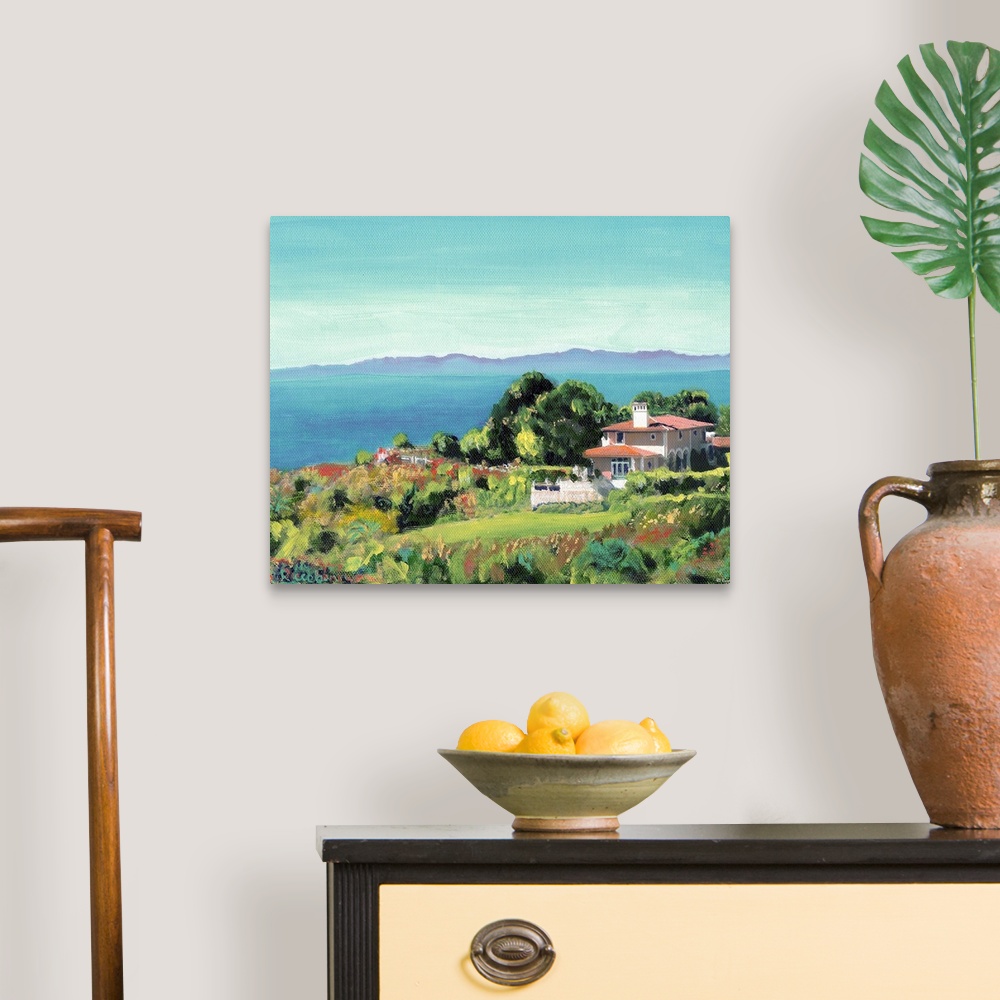 A traditional room featuring Santa Monica Bay from Palos Verdes, California, painting by RD Riccoboni. Coastal landscape paint...