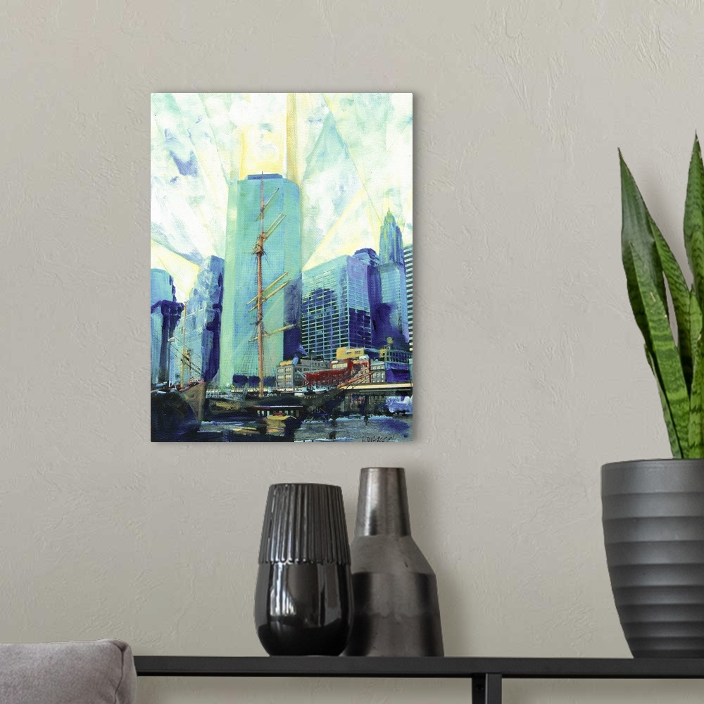 A modern room featuring South Street Sea Port New York City by painter RD Riccoboni.