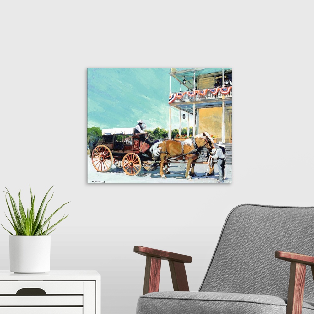 A modern room featuring Stagecoach At The Cosmopolitan Hotel, Old Town San Diego, California. Painting by RD Riccoboni.