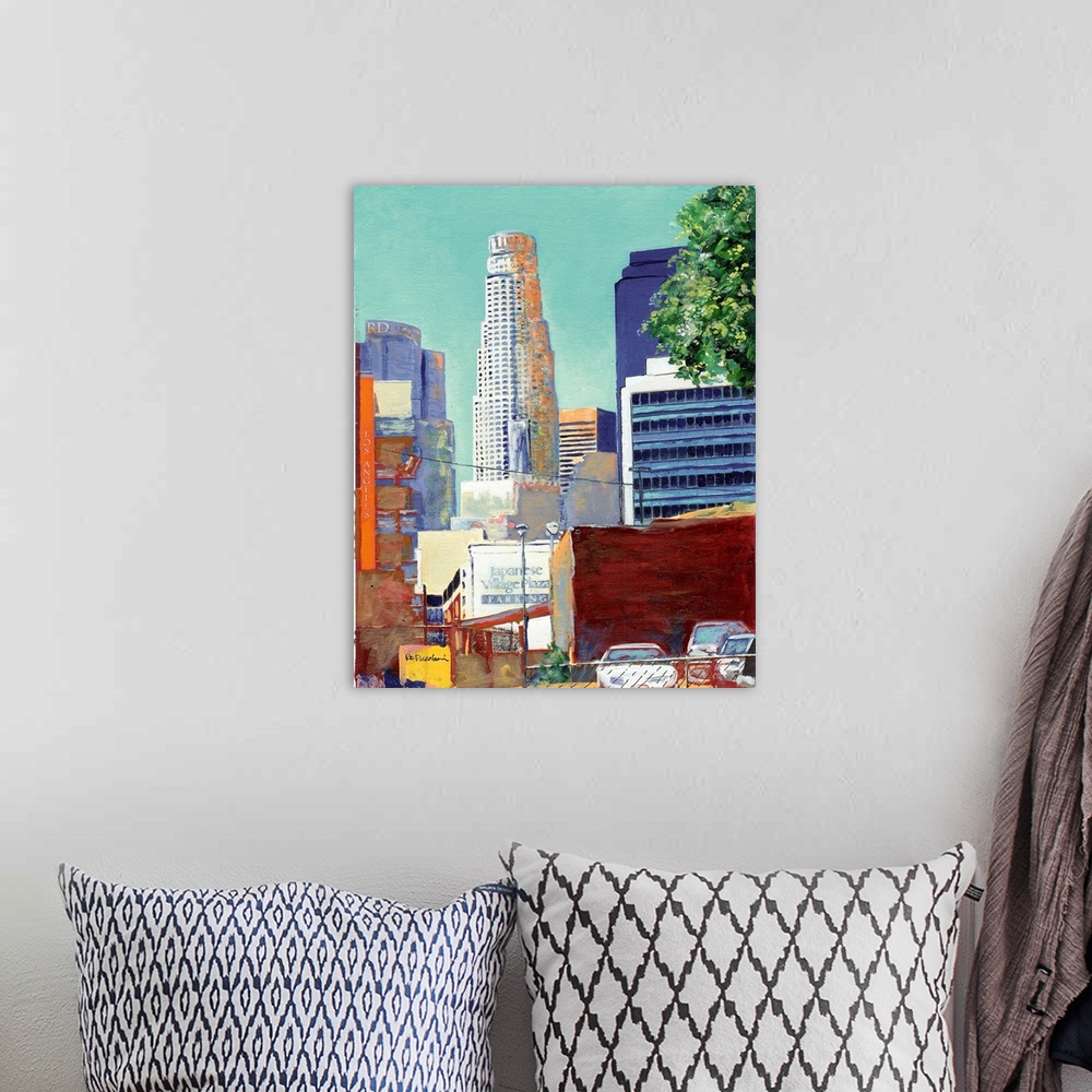 A bohemian room featuring Street in Japan Town by RD Riccoboni. A urban cityscape painting of Japantown in Los Angeles, Cal...