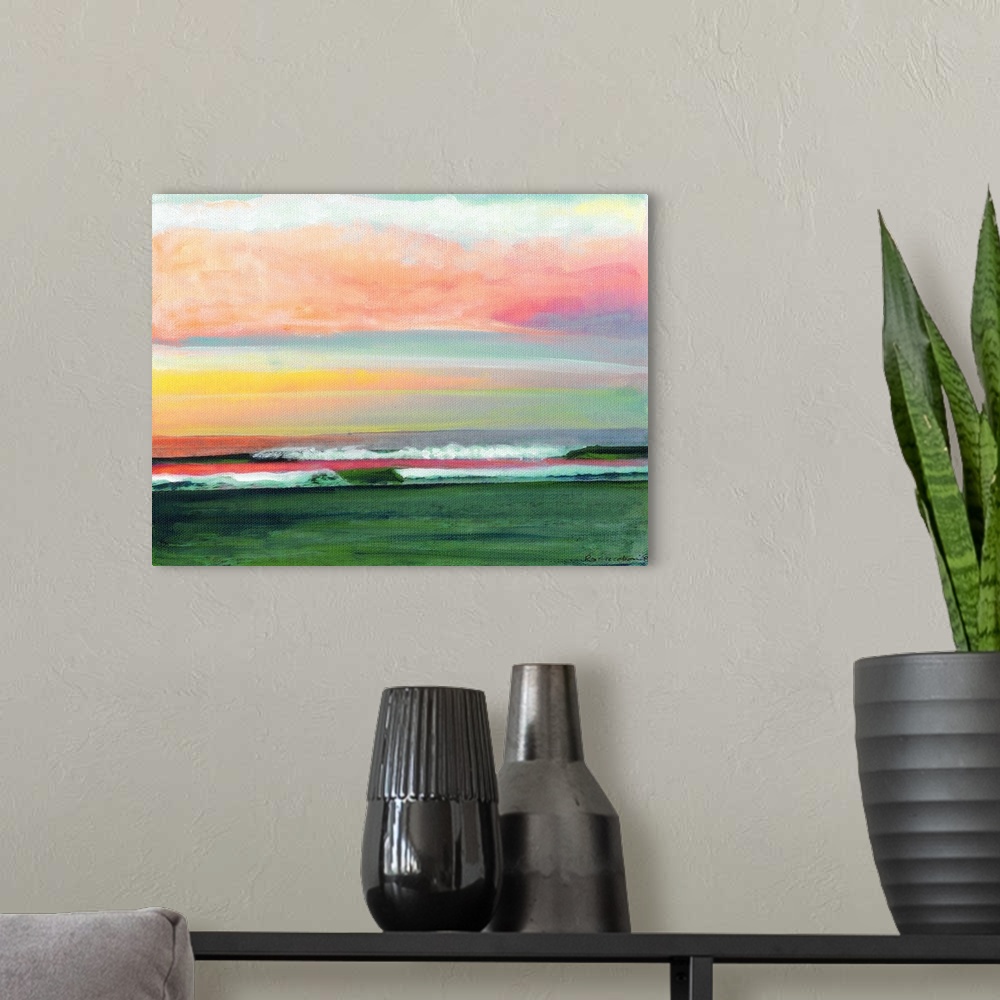 A modern room featuring Sunrise at the Pacific Ocean San Diego California by RD Riccoboni.