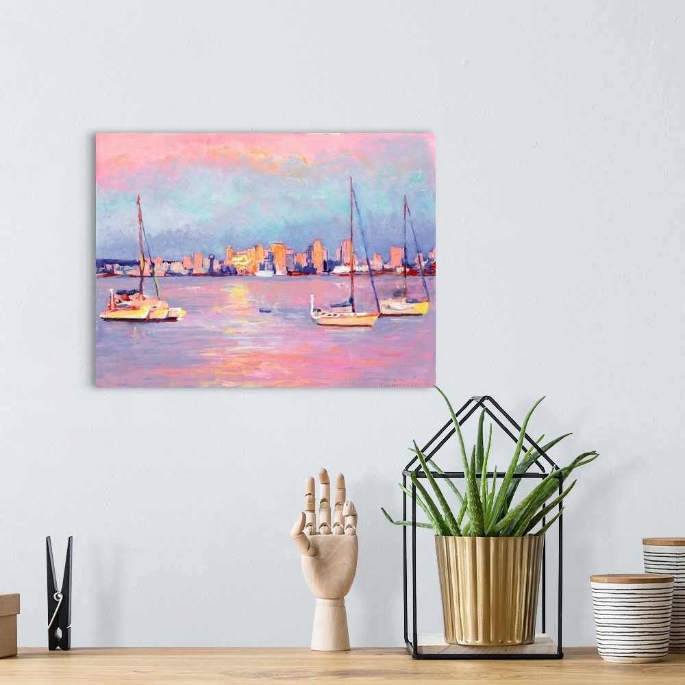 A bohemian room featuring Sunrise from Shelter Island, San Diego Bay, acrylic painting by RD Riccoboni. Warm pink, orange a...