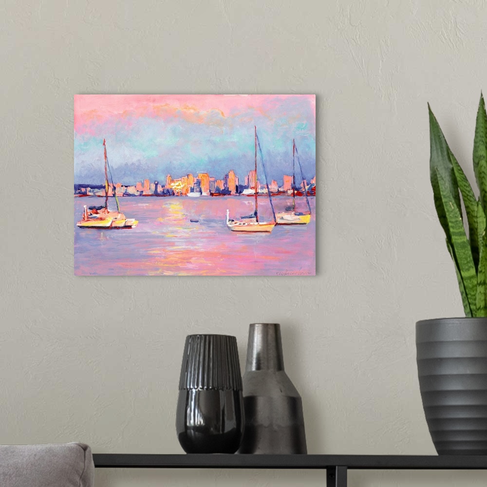 A modern room featuring Sunrise from Shelter Island, San Diego Bay, acrylic painting by RD Riccoboni. Warm pink, orange a...
