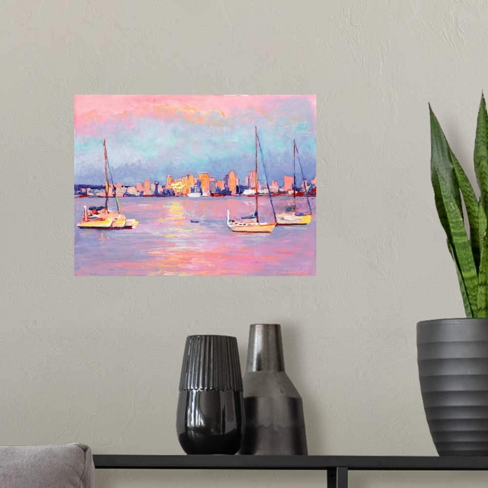 A modern room featuring Sunrise from Shelter Island, San Diego Bay, acrylic painting by RD Riccoboni. Warm pink, orange a...