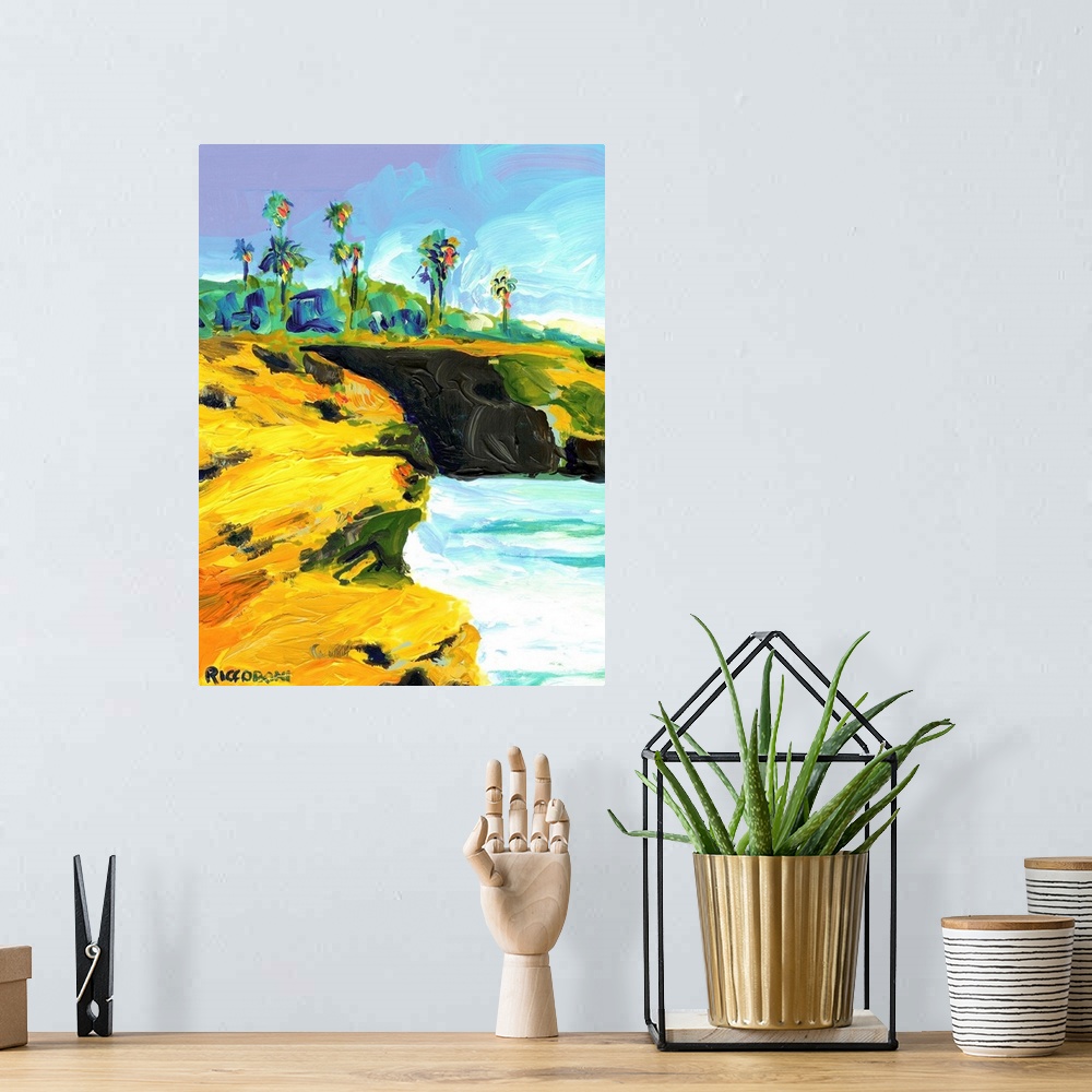 A bohemian room featuring Sunset Cliffs Ocean Beach, on Point Loma in San Diego California. Acrylic on canvas by RD Riccoboni.