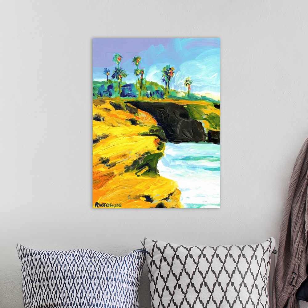 A bohemian room featuring Sunset Cliffs Ocean Beach, on Point Loma in San Diego California. Acrylic on canvas by RD Riccoboni.