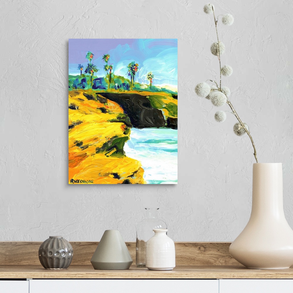 A farmhouse room featuring Sunset Cliffs Ocean Beach, on Point Loma in San Diego California. Acrylic on canvas by RD Riccoboni.