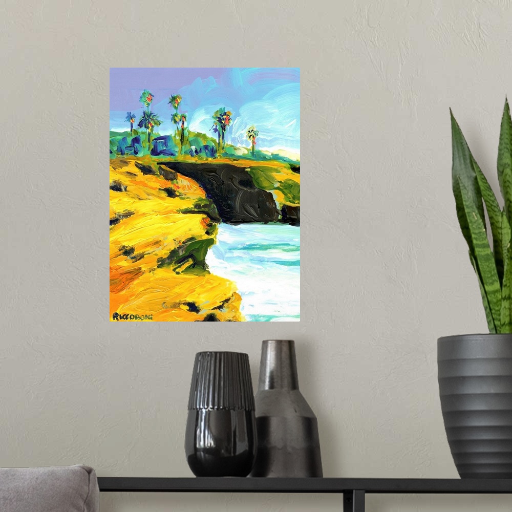 A modern room featuring Sunset Cliffs Ocean Beach, on Point Loma in San Diego California. Acrylic on canvas by RD Riccoboni.