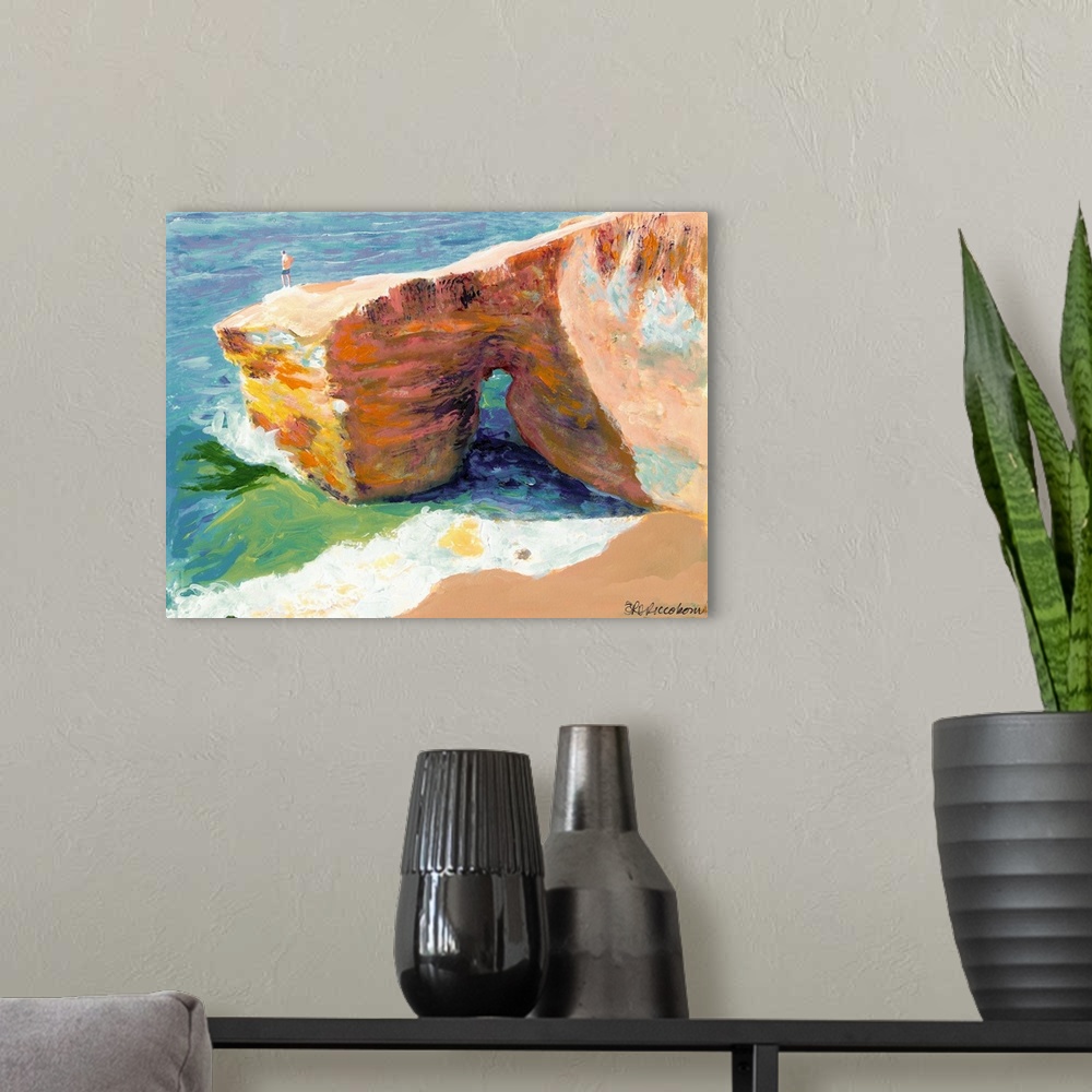 A modern room featuring Landscape painting of a man standing at the edge of a cliff at Sunset Cliffs Point in Loma, San D...
