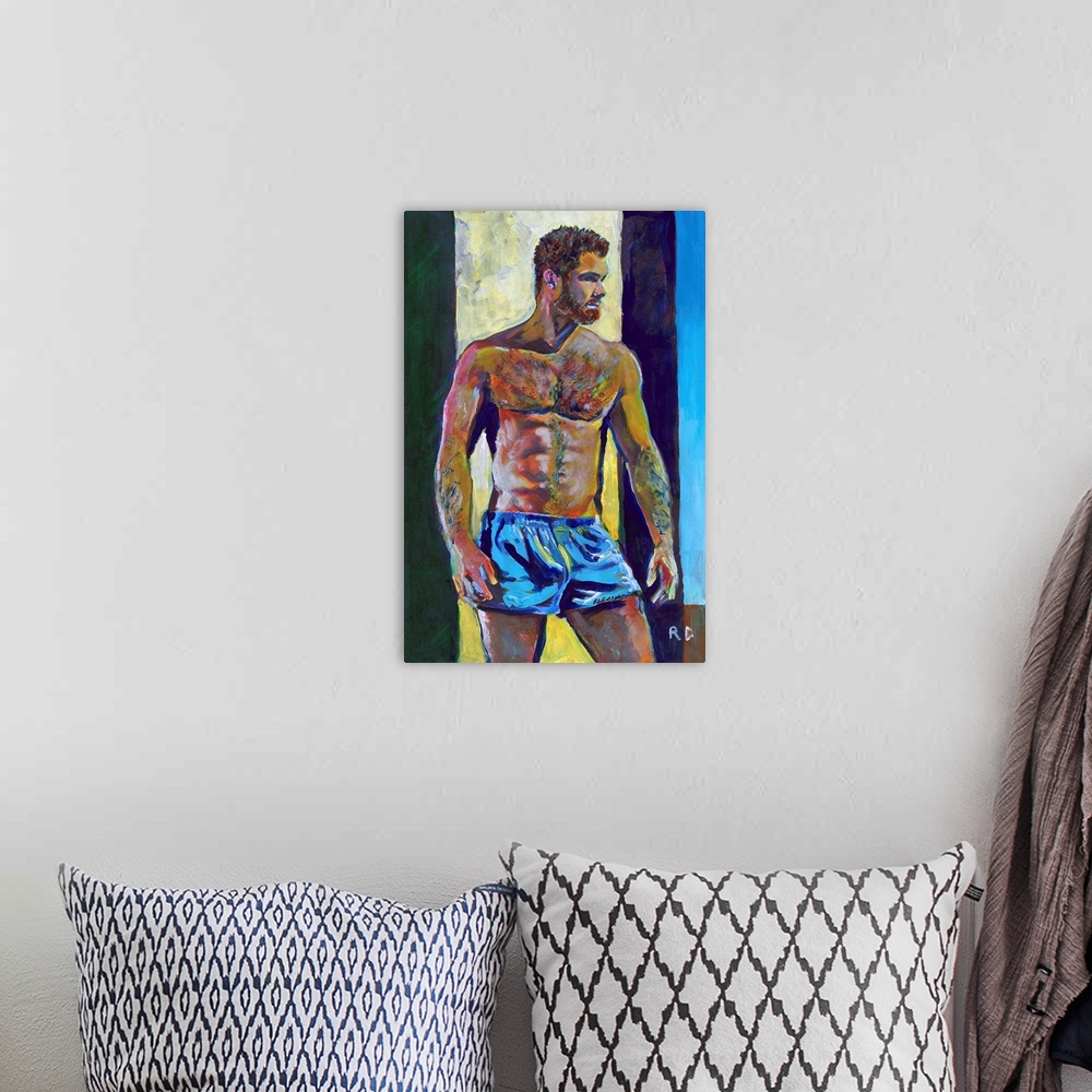 A bohemian room featuring Surf City Bear by RD Riccoboni, portrait of sexy surfer guy.