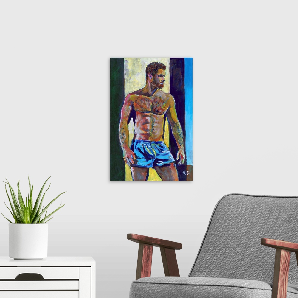 A modern room featuring Surf City Bear by RD Riccoboni, portrait of sexy surfer guy.