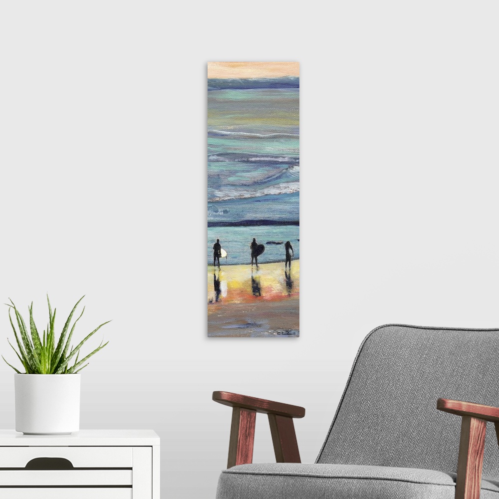 A modern room featuring Surfers At Sunset painting by RD Riccoboni, one of America's favorite artists. Different hues of ...