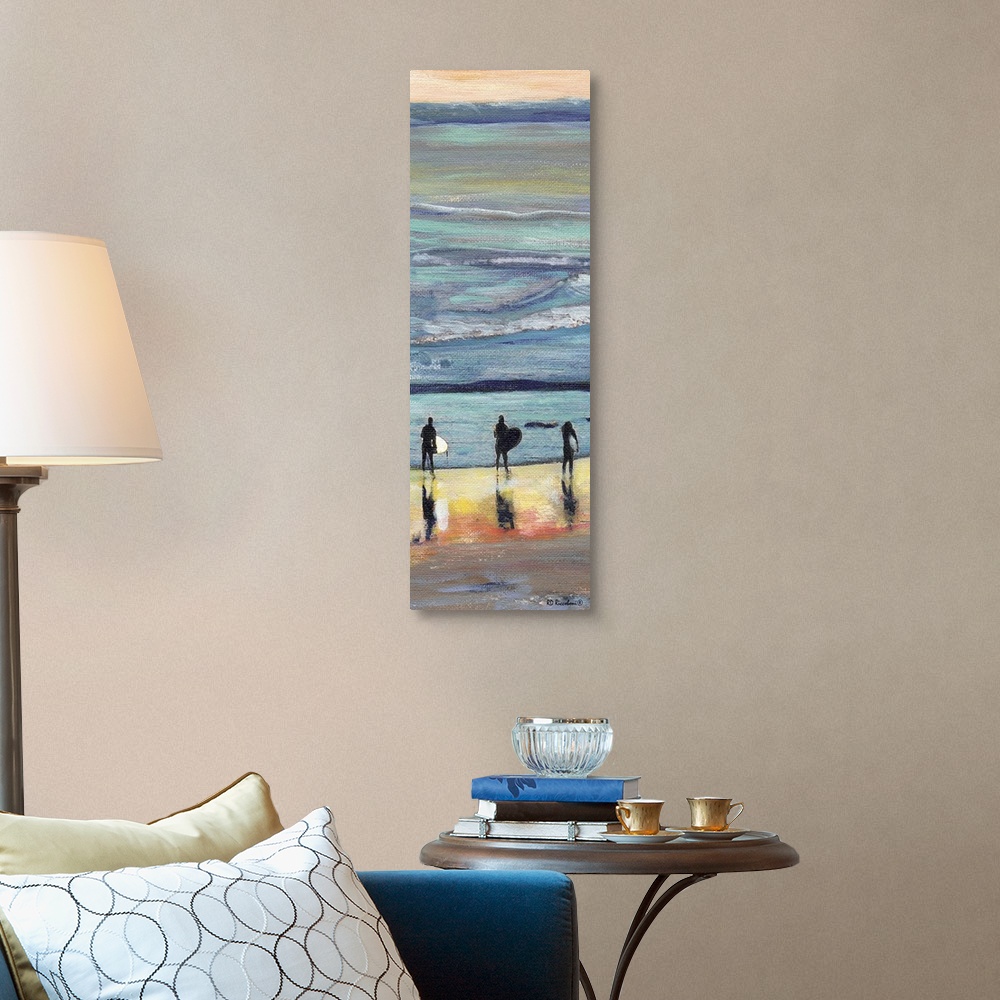 A traditional room featuring Surfers At Sunset painting by RD Riccoboni, one of America's favorite artists. Different hues of ...