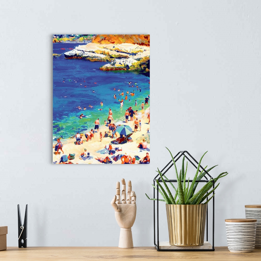 A bohemian room featuring Summer at The La Jolla Cove, San Diego by RD Riccoboni. Beach crowd enjoying the shore and crysta...