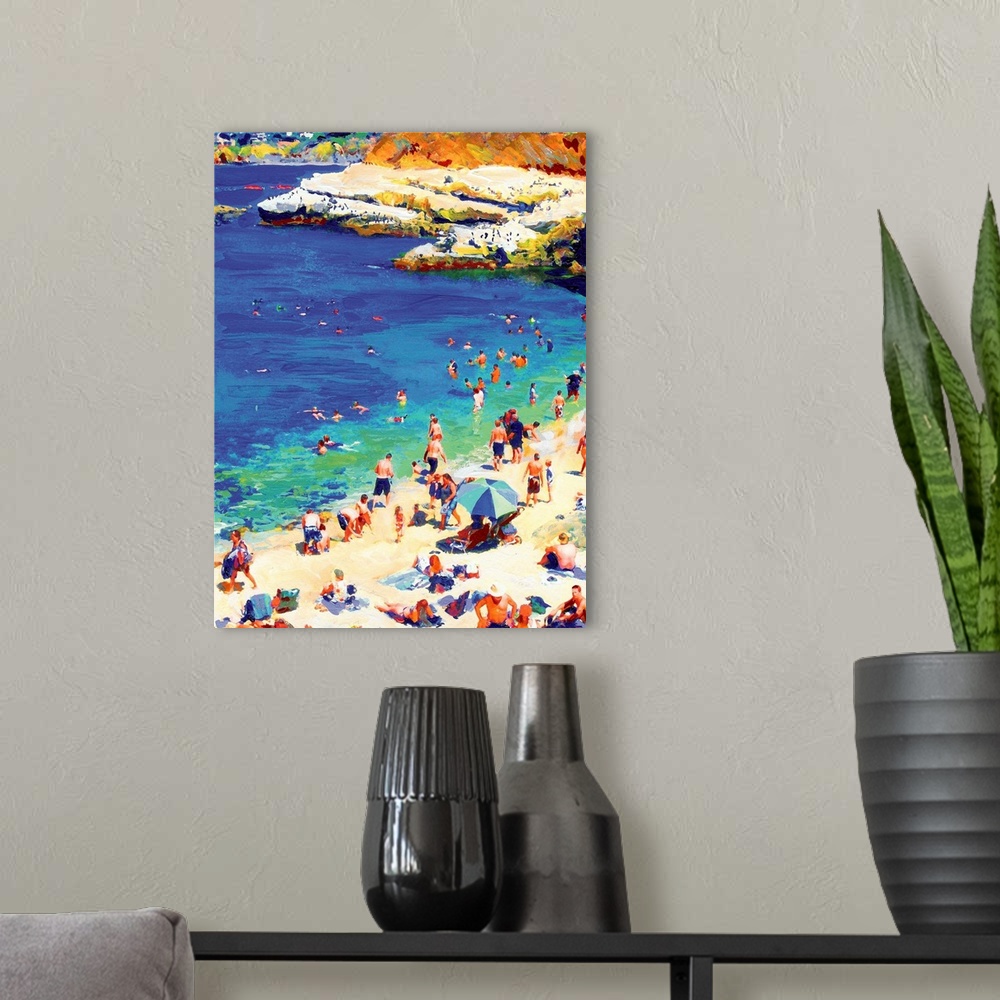 A modern room featuring Summer at The La Jolla Cove, San Diego by RD Riccoboni. Beach crowd enjoying the shore and crysta...