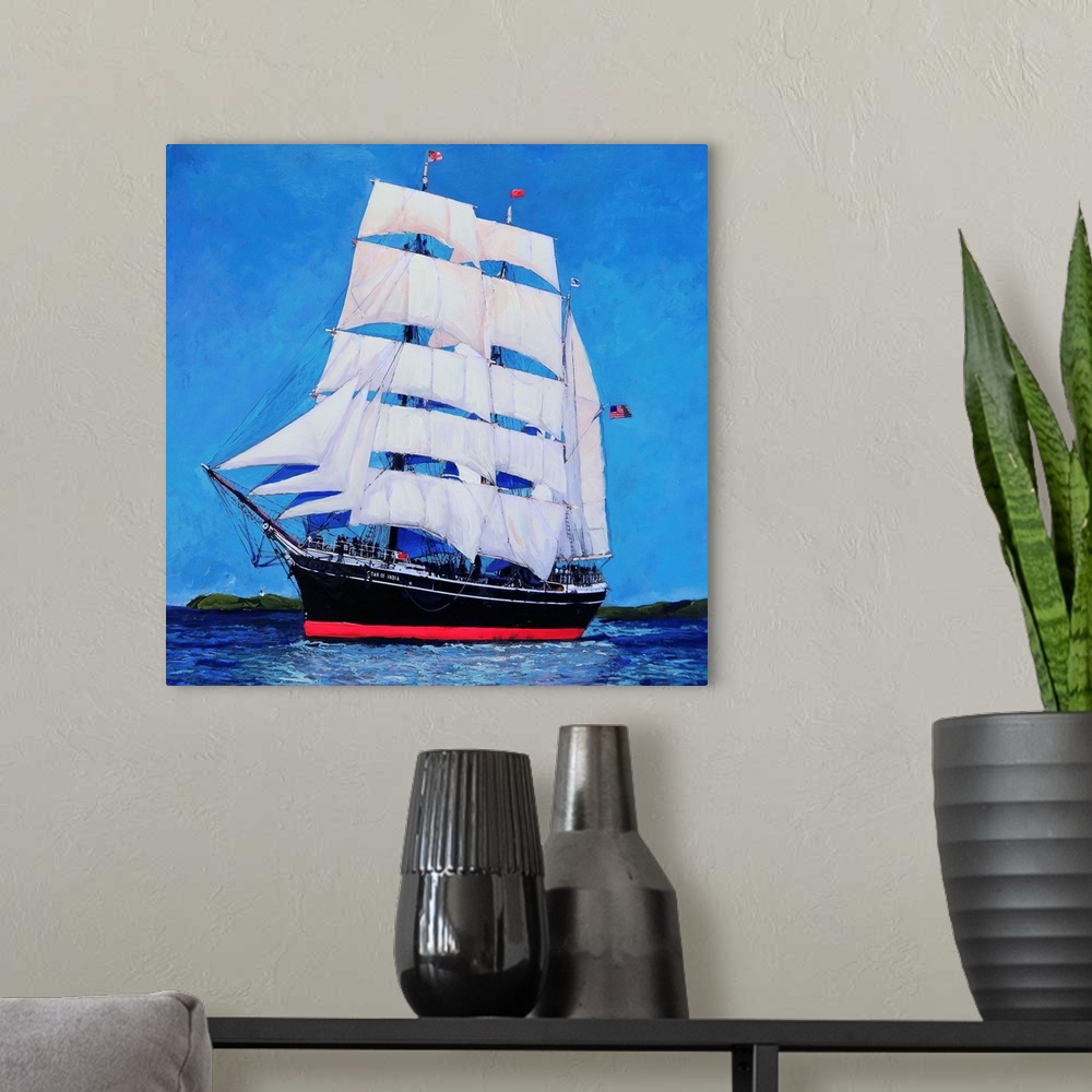 A modern room featuring Historic Star of India sailing in San Diego Bay. The tall ship in the bay with Point Loma in the ...