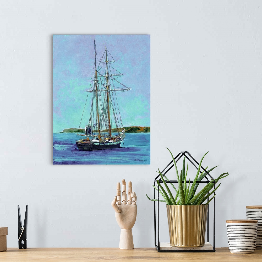 A bohemian room featuring The Californian - Tallship by RD Riccoboni- in San Diego Bay with Point Loma beyond.  The Califor...