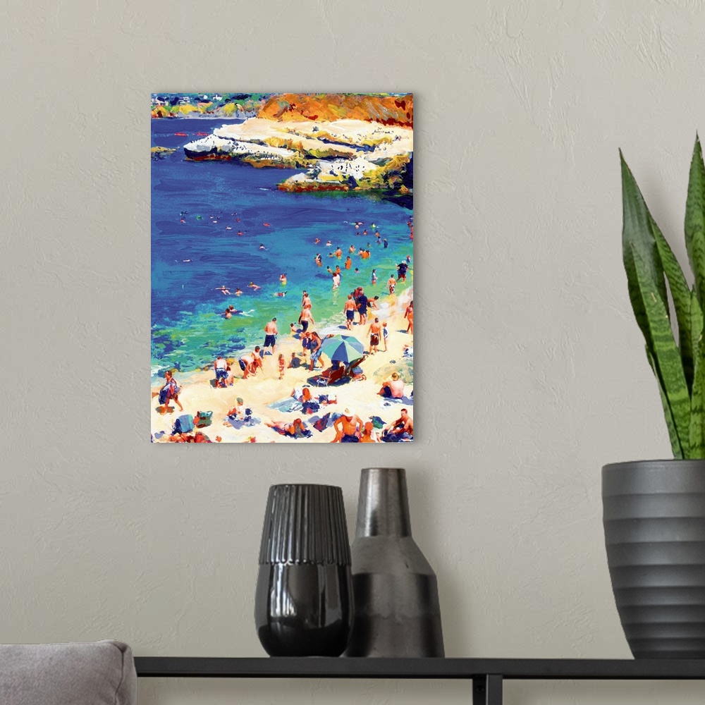 A modern room featuring Painting of The Cove, La Jolla, in sunny San Diego, California. Bright and vibrant colors capture...