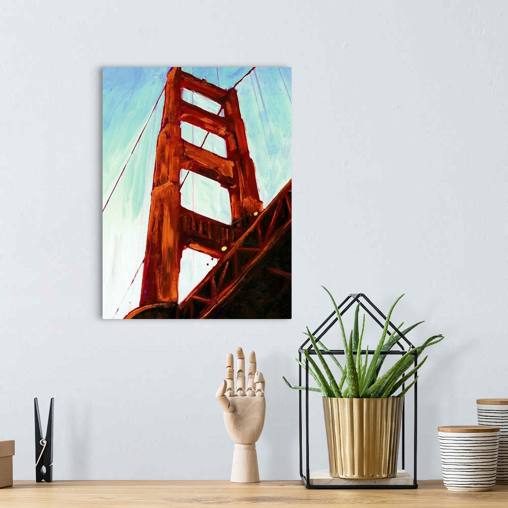 A bohemian room featuring Painting of the Golden Gate Bridge architecture up close from a unique angle.