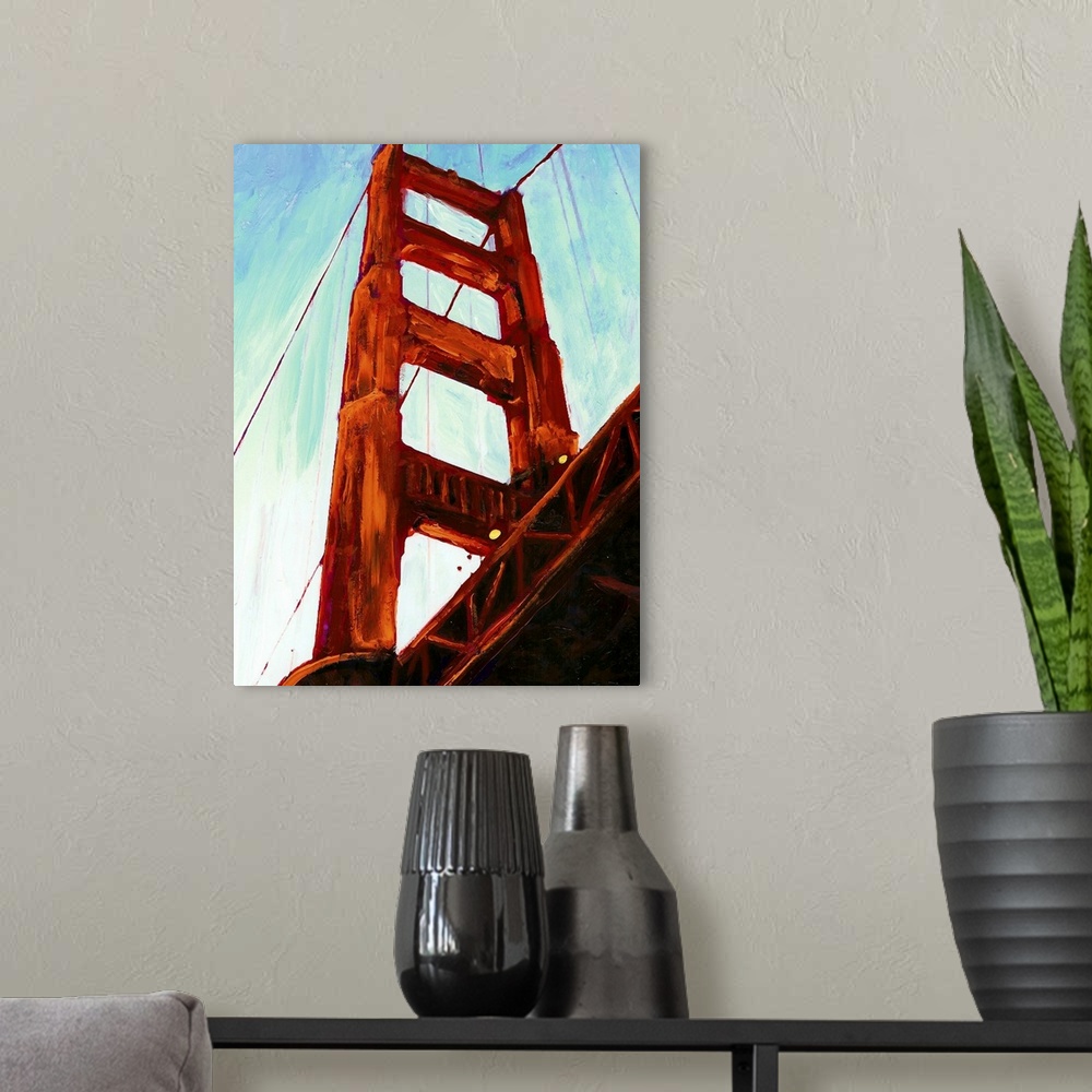 A modern room featuring Painting of the Golden Gate Bridge architecture up close from a unique angle.