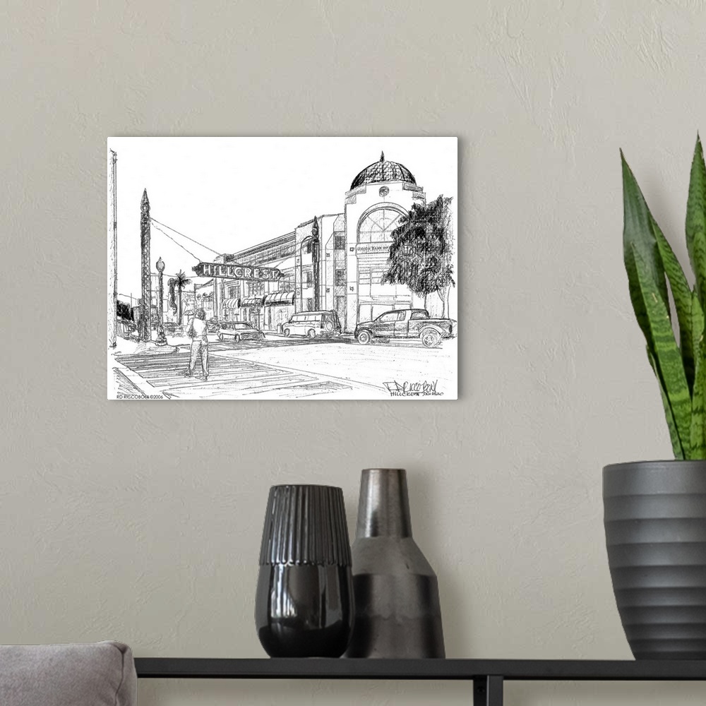 A modern room featuring The Hillcrest Sign San Diego California, drawing by american artist RD Riccoboni.