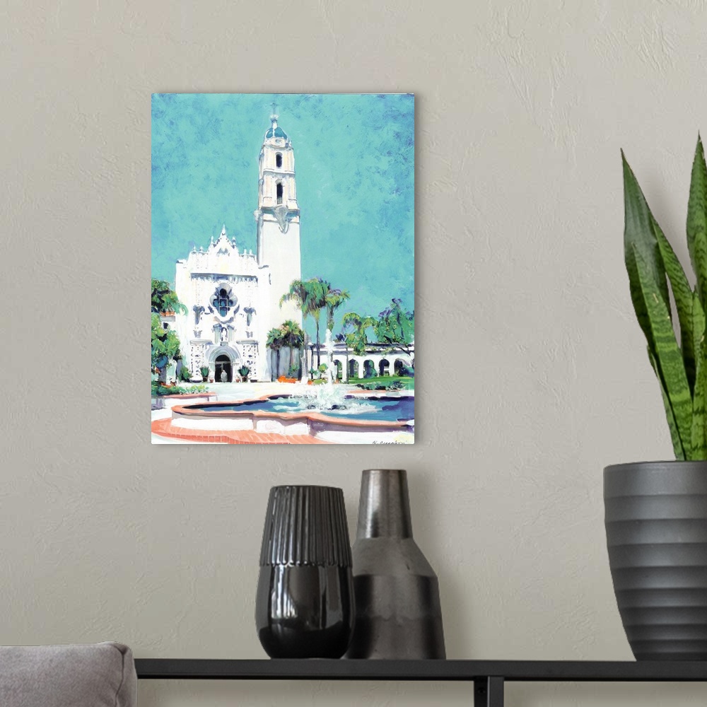 A modern room featuring The Immaculata Chapel USD, University San Diego, California, painting by the California artist RD...
