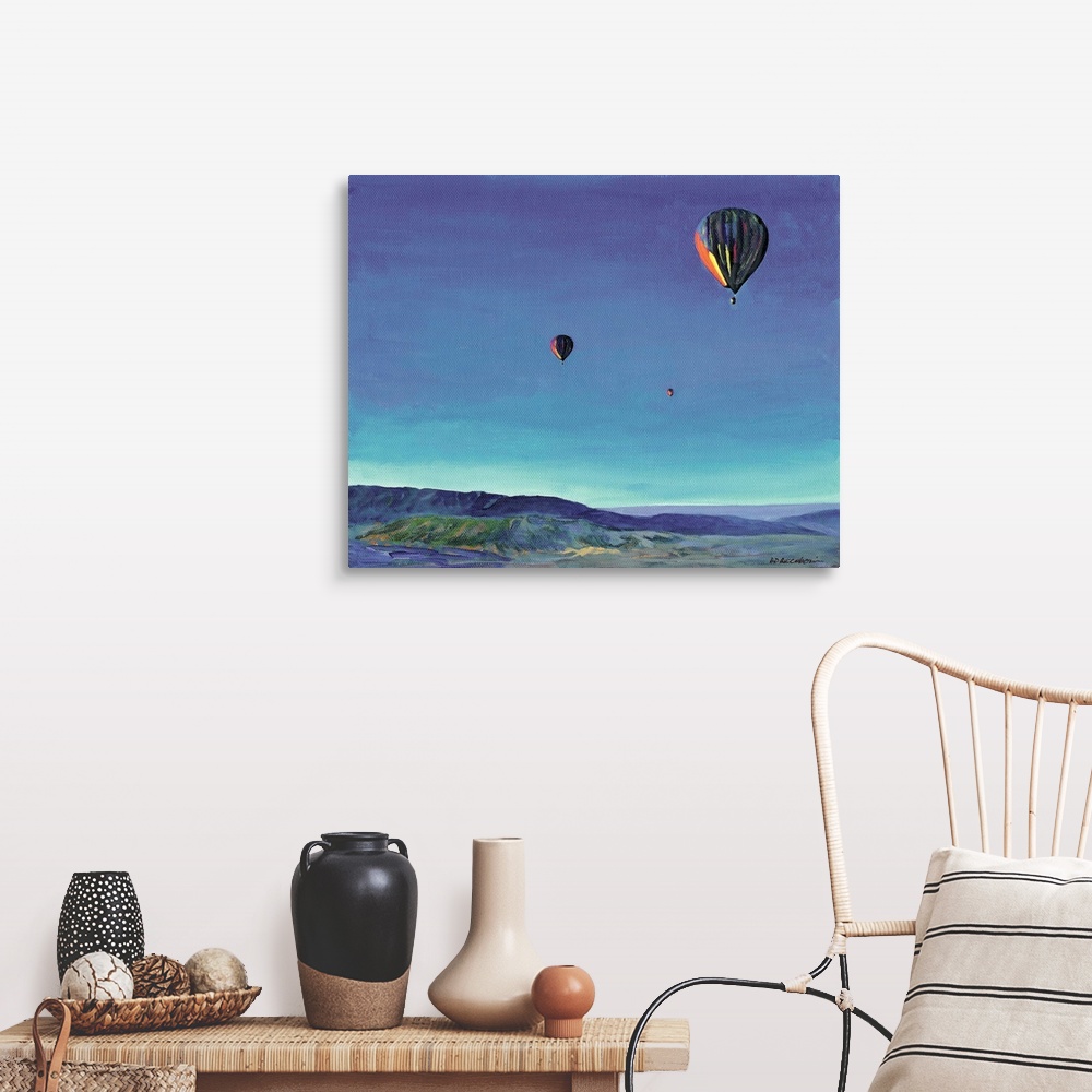 A farmhouse room featuring Contemporary painting of three hot air balloons over a rural San Diego landscape.