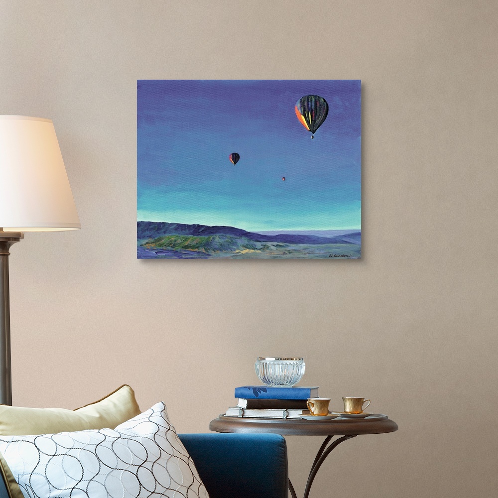 A traditional room featuring Contemporary painting of three hot air balloons over a rural San Diego landscape.