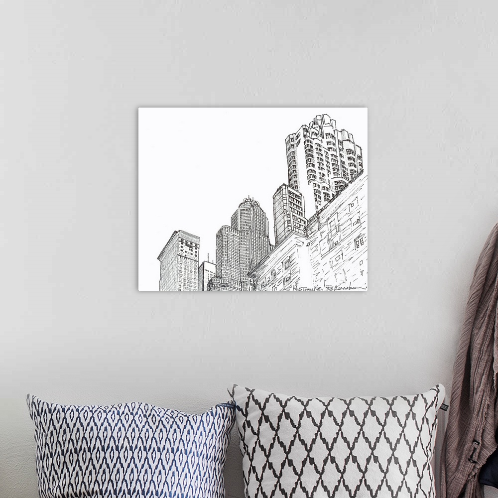 A bohemian room featuring Three Towers Midtown Manhattan, pen and ink drawing by RD Riccoboni. Skyscaper lined avenue in Ne...