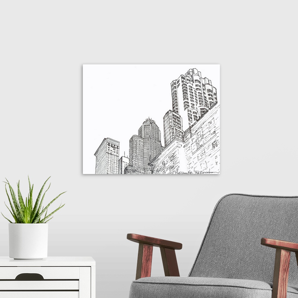 A modern room featuring Three Towers Midtown Manhattan, pen and ink drawing by RD Riccoboni. Skyscaper lined avenue in Ne...
