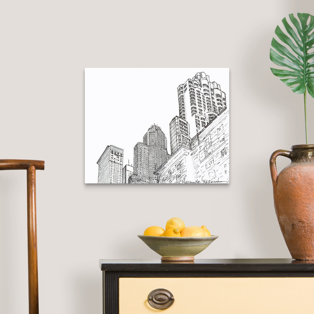 A traditional room featuring Three Towers Midtown Manhattan, pen and ink drawing by RD Riccoboni. Skyscaper lined avenue in Ne...