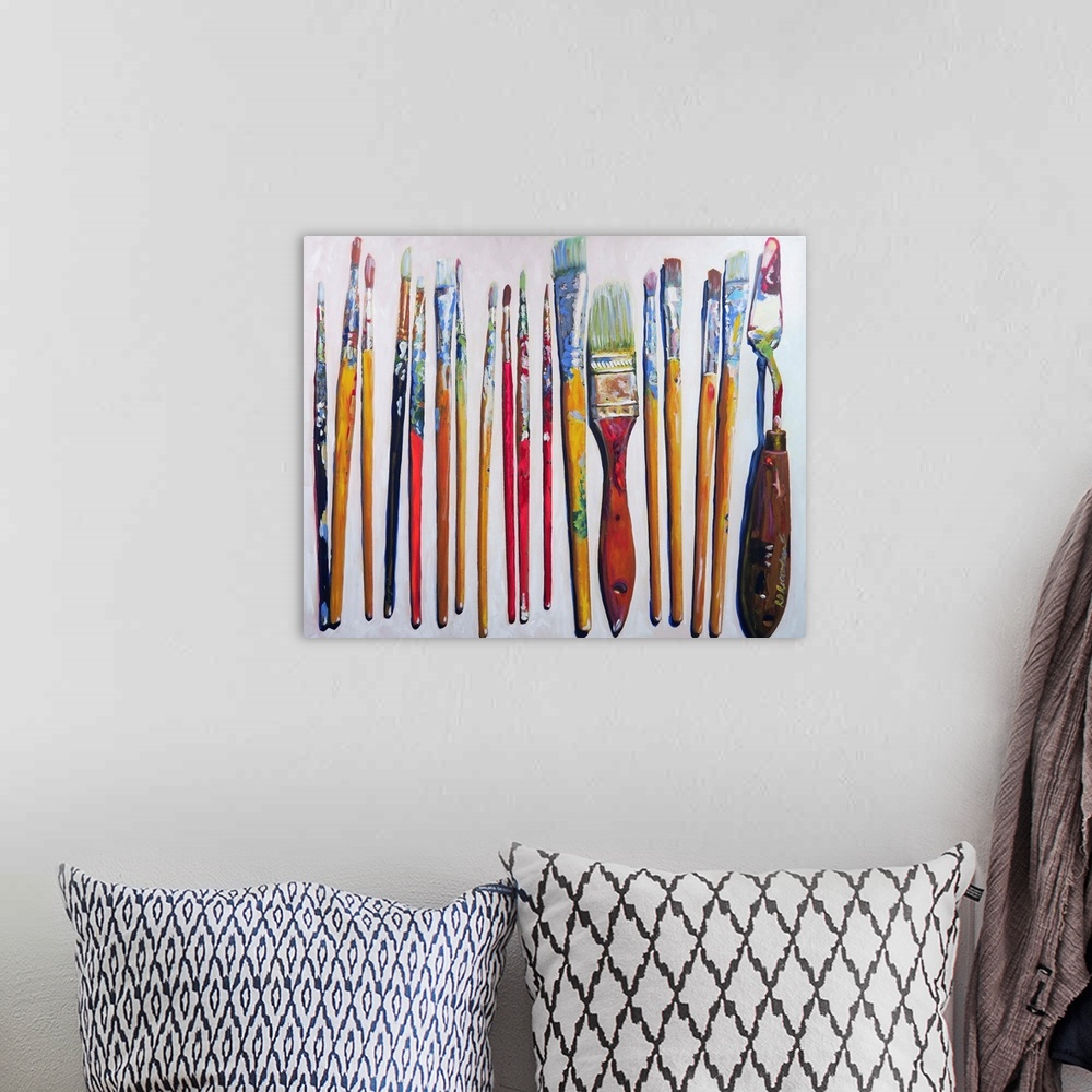A bohemian room featuring Contemporary painting of well used paint brushes and a palette knife on a white background.