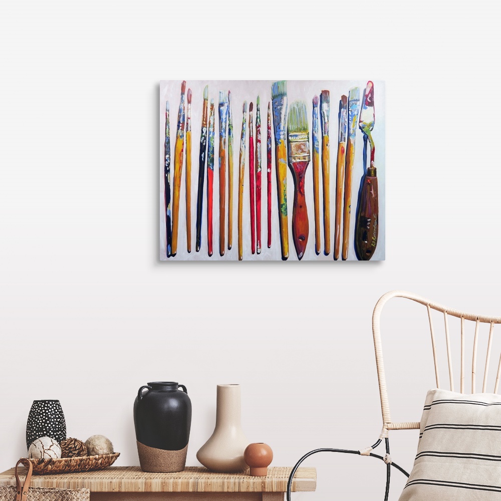 A farmhouse room featuring Contemporary painting of well used paint brushes and a palette knife on a white background.