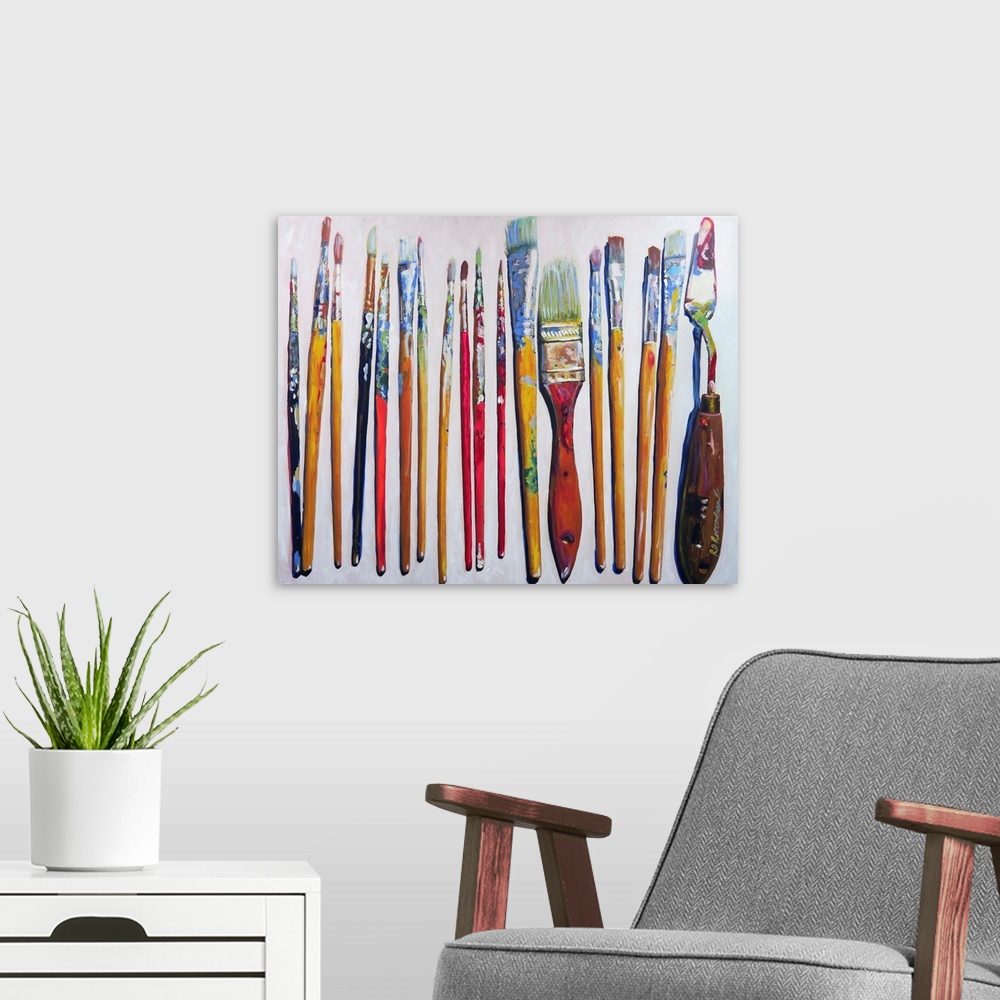 A modern room featuring Contemporary painting of well used paint brushes and a palette knife on a white background.