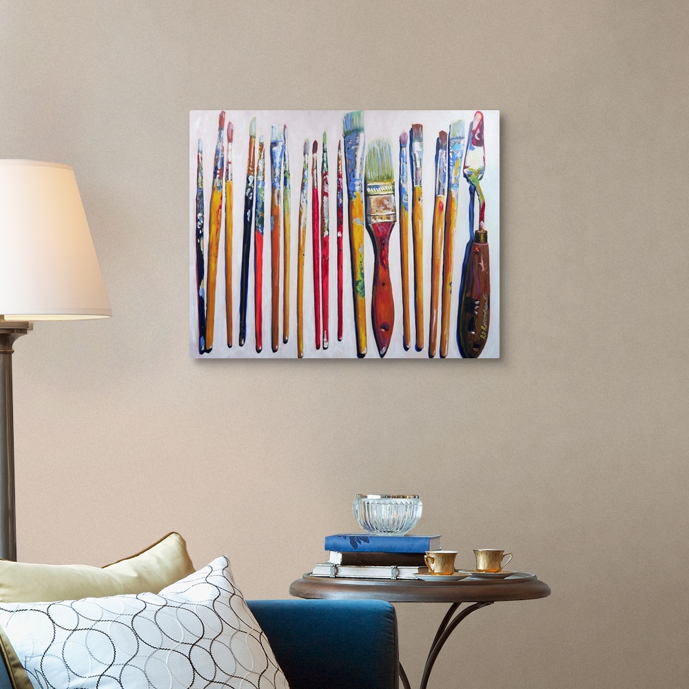 A traditional room featuring Contemporary painting of well used paint brushes and a palette knife on a white background.