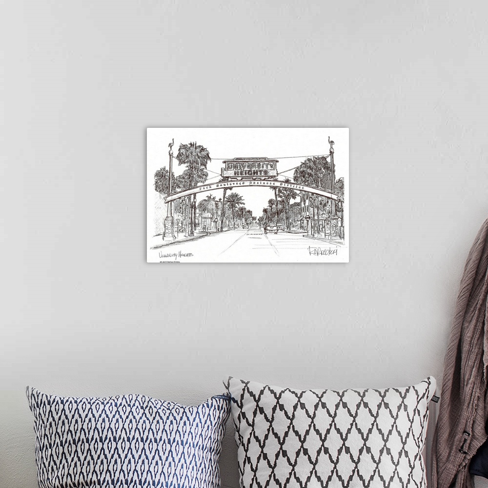 A bohemian room featuring University Heights sign - San Diego by RD Riccoboni. A pen and ink drawing of the famous neighbor...