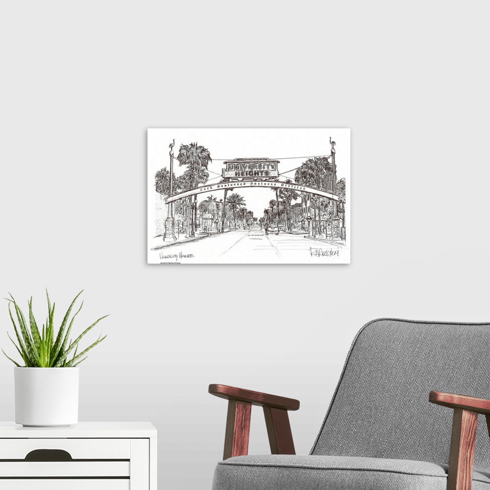 A modern room featuring University Heights sign - San Diego by RD Riccoboni. A pen and ink drawing of the famous neighbor...