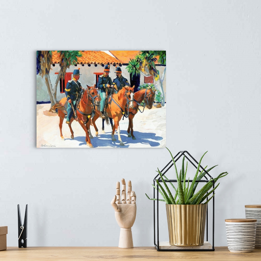 A bohemian room featuring Contemporary painting of three U.S. Army Dragoons riding on their horses in San Diego, California.