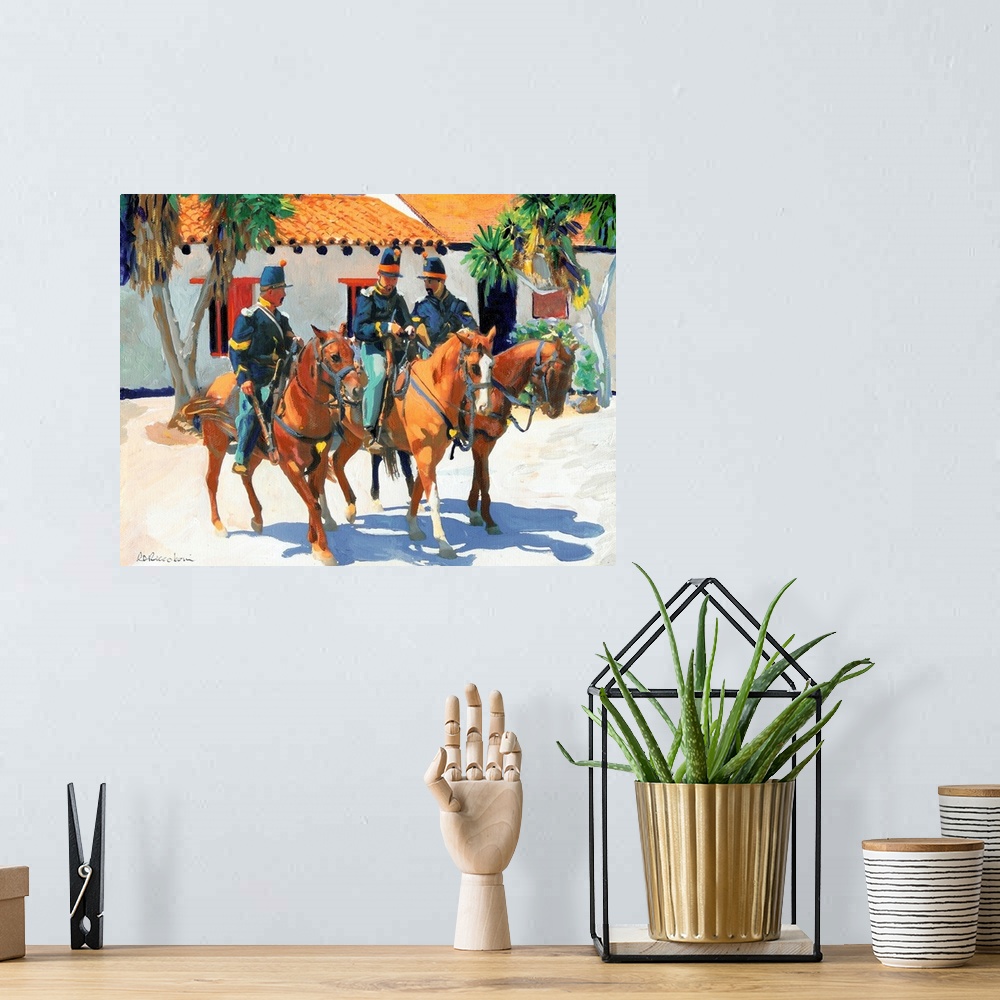 A bohemian room featuring Contemporary painting of three U.S. Army Dragoons riding on their horses in San Diego, California.