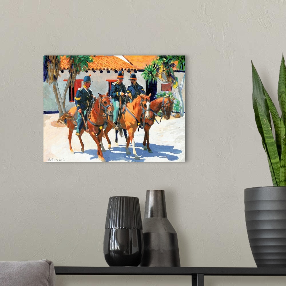 A modern room featuring Contemporary painting of three U.S. Army Dragoons riding on their horses in San Diego, California.