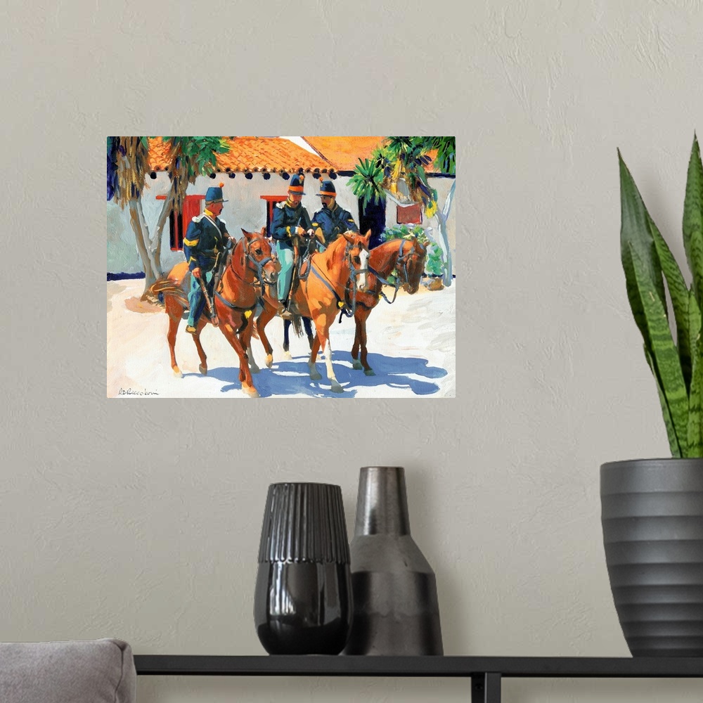 A modern room featuring Contemporary painting of three U.S. Army Dragoons riding on their horses in San Diego, California.