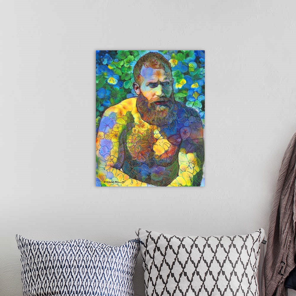 A bohemian room featuring Portrait of a shirtless man with a beard covered in florals in the style of Vincent Van Gogh.
