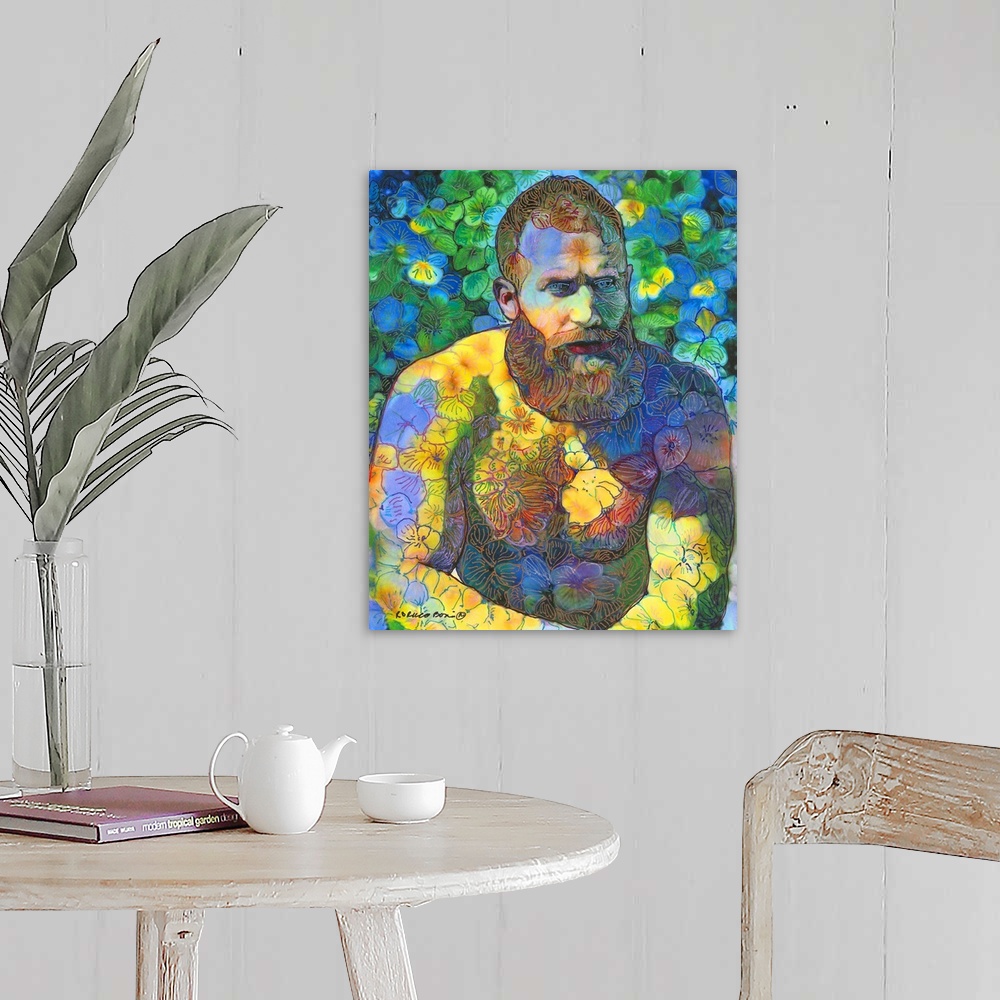 A farmhouse room featuring Portrait of a shirtless man with a beard covered in florals in the style of Vincent Van Gogh.