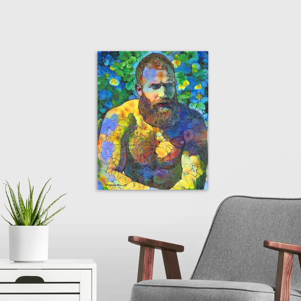 A modern room featuring Portrait of a shirtless man with a beard covered in florals in the style of Vincent Van Gogh.