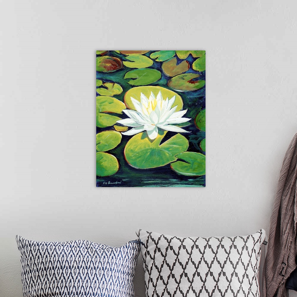 A bohemian room featuring Painting of a serene scene of a water lily blossom in the reflecting pool koi pond near the botan...