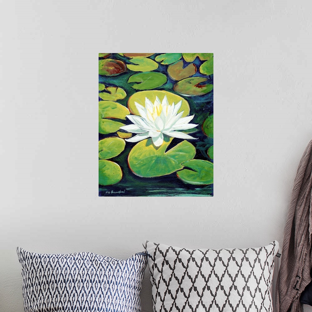 A bohemian room featuring Painting of a serene scene of a water lily blossom in the reflecting pool koi pond near the botan...