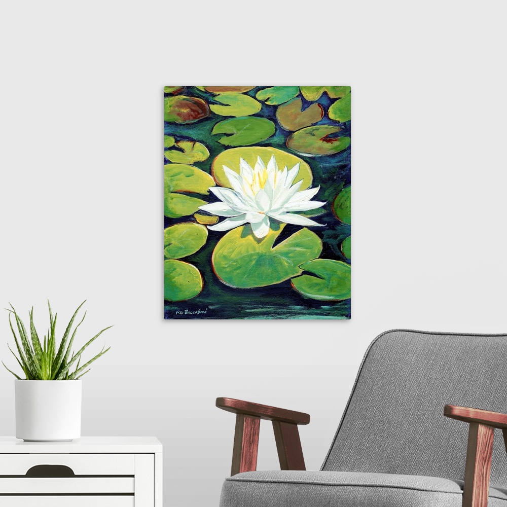 A modern room featuring Painting of a serene scene of a water lily blossom in the reflecting pool koi pond near the botan...