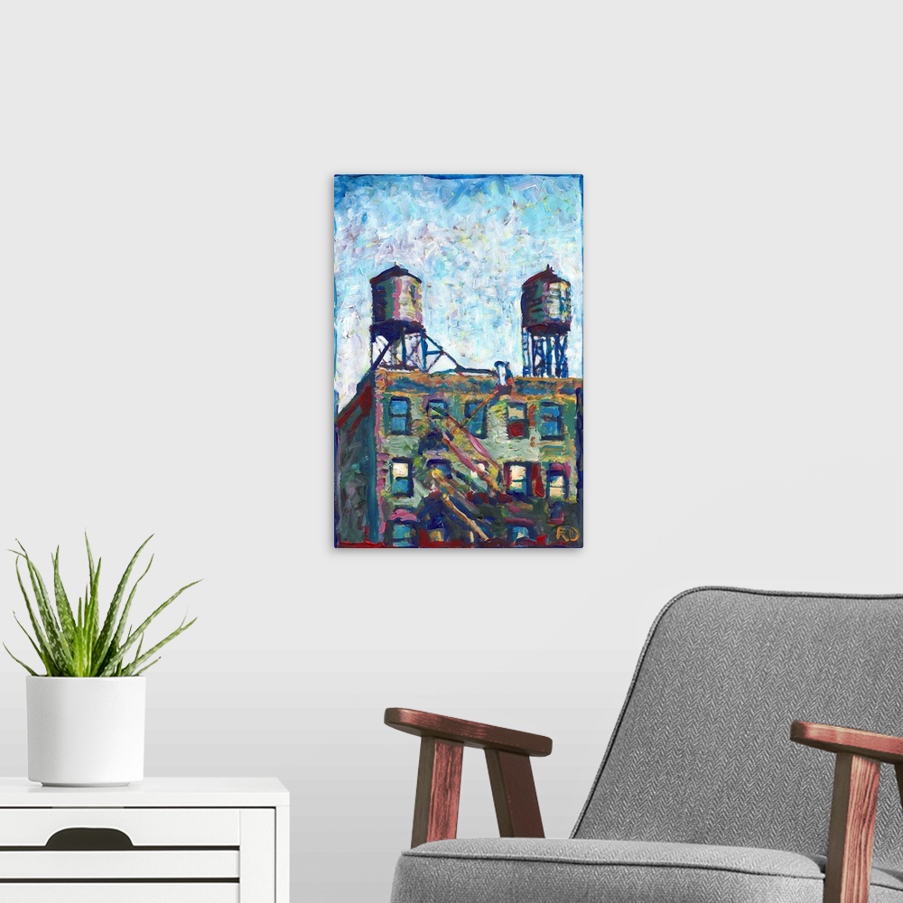 A modern room featuring Water Towers in New York by RD Riccoboni, impressionist style painting of NYC in green, blue, red...
